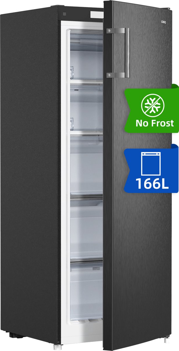 CHIQ Vrijstaande vriezer - No frost 166L - XL lades - 4 Star Freezing - Temperatuurregeling Omkeerbare Deuren - Stil - Ijs Box - Black Inox - Energieklasse E