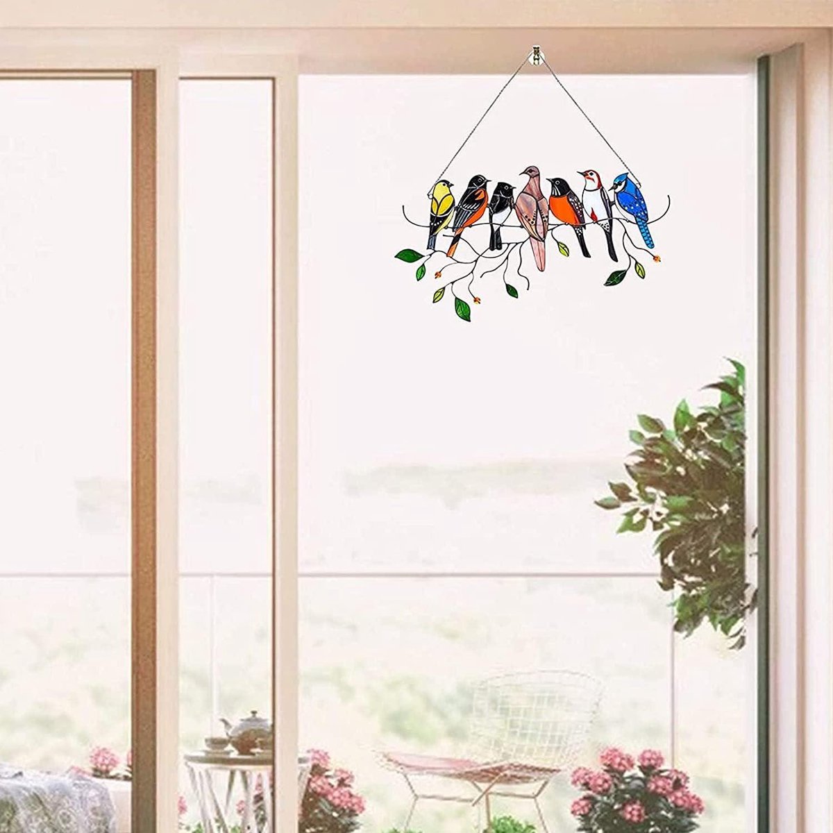 1 x prachtige moderne raamhanger decoratieve hanger glasafbeelding raamdecoratie Tiffany Art kleurrijke vogels lente zomer ca. 44 cm groot