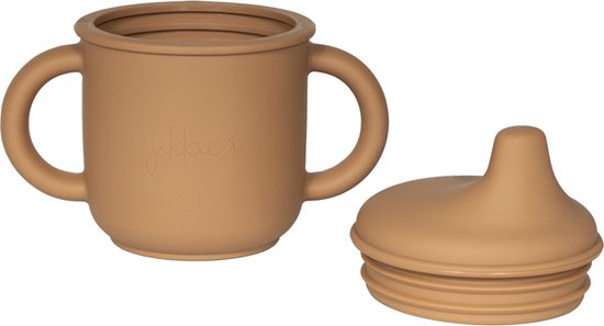 Jikkies® - Sippycup - Drinkbeker - Lekvrij - Oefenbeker - Tuitbeker - Met Handvaten - BPA Vrij - 100% Siliconen - Taupe - Vaatwasserbestendig - Magnetronbestendig van Jikkies — afbeelding 2
