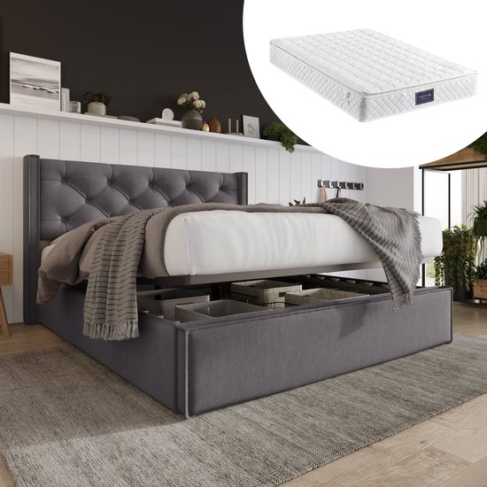 Lit double Merax Queensize 160 x 200 cm avec Matras en mousse froide – Lit rembourré avec rangement hydraulique – Grijs