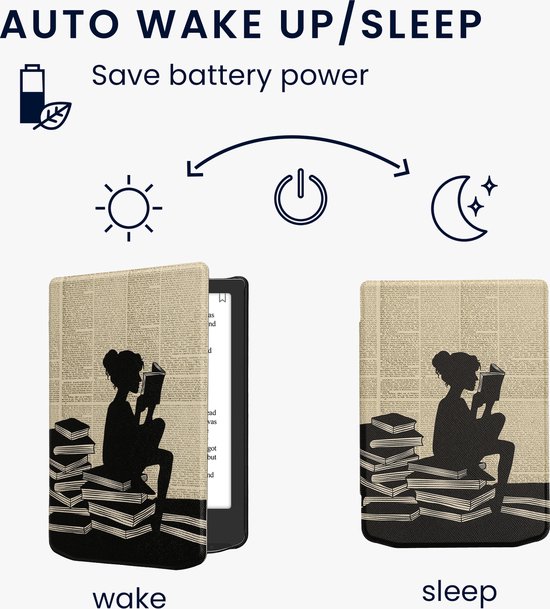 kwmobile e-reader hoesje geschikt voor Pocketbook Verse / Verse Lite / Verse Pro / Color / Vivlio Light/Light HD hoes - E reader flip case met magnetische sluiting - Ereader cover - Meisje met boeken design in zwart / beige van Merkloos — afbeelding 5