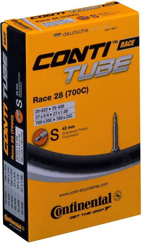 Oranje Conti Tube Race 28 (700C) doos met productinformatie en een afbeelding van een fietsband.