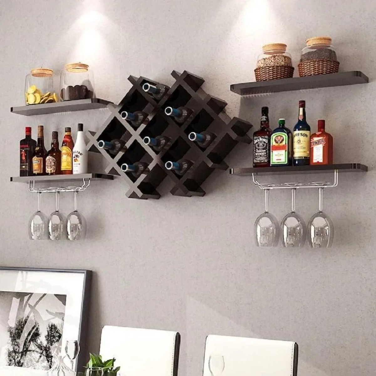 DHN Wijnrek - Wand gemonteerd Wijnrek - Set van 5 - Wijnfles Plank Set Met Glazen Houder - Muur wijnrek