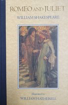 Boek kaft met de titel Romeo en Juliet, William Shakespeare. Afbeelding van Romeo en Juliet in een balzaal.