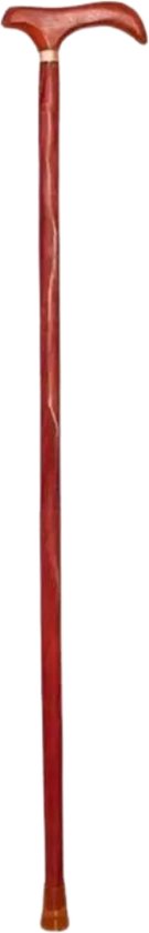 Donkerrode wandelstok met een T-handvat, een verstevigde stalen ring en een amberkleurige dop.