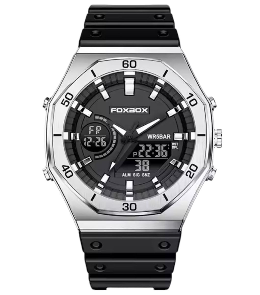 FoxBox - Dubbele Display - Heren Horloge - Waterdicht - Zilver en Zwart - Mannen