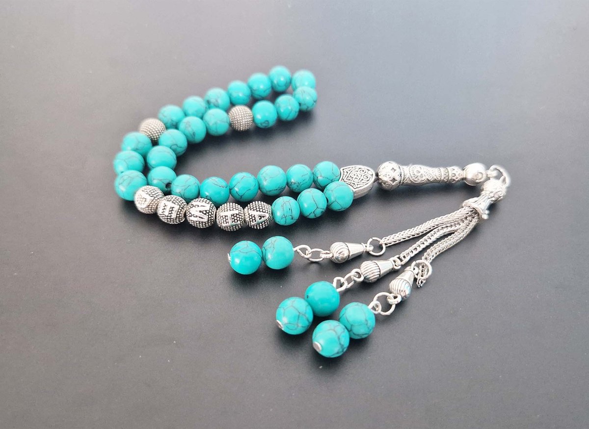 Handgemaakte naam tasbih 33 Kralen Natuursteen “Howliet groen ” - met metaal tassel “klassiek"- Met je naam of de naam van uw geliefde- 8 mm diameter van de korrel