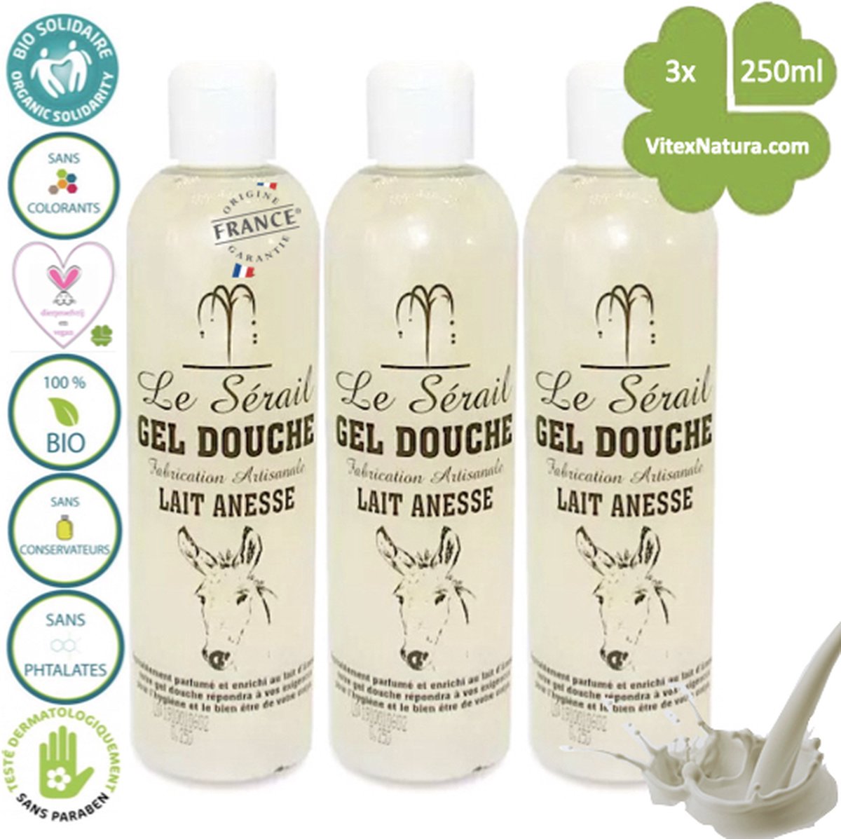 Goedkoopste Ezelinnenmelk douchegel 3x250ml | Ideaal voor de gevoelige en probleemhuid | Franse ambacht | plantaardig, hypo allergeen.