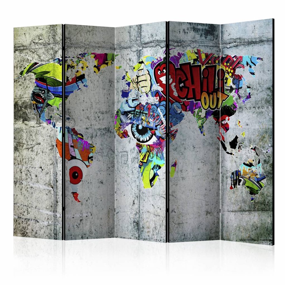 Vouwscherm - Graffiti Wereld 225x172cm , gemonteerd geleverd, dubbelzijdig geprint (kamerscherm)