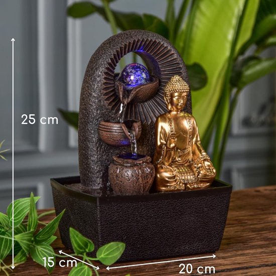 Ontspannende Boeddha kamerfontein – watervalfontein – Zen Feng Shui decoratie – slim en nuttig cadeau-idee voor lage prijs – tafelfontein met ledlicht – H 18 cm – Revata Zen'Light