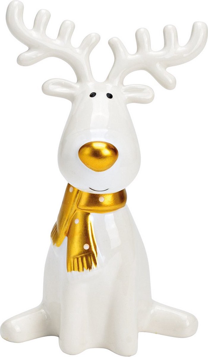 Ornament Eland Wit-Goud Keramiek - 9x16x8 cm