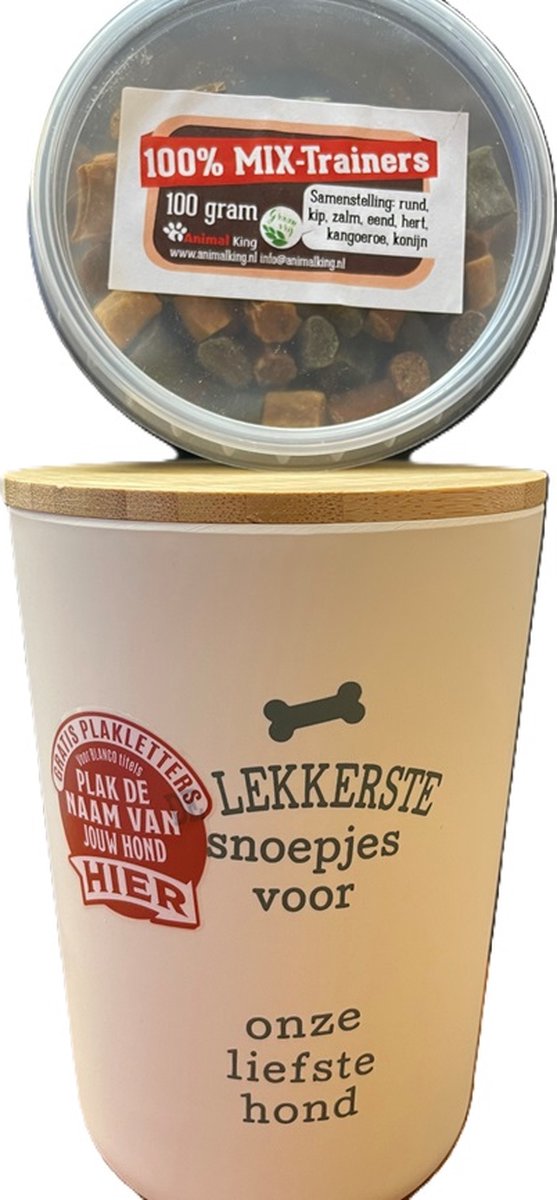 Hondensnoepjespot- lekkerste snoepjes voor (blanco) inclusief stickers-creme-met 100 gram mixtrainer snoepjes