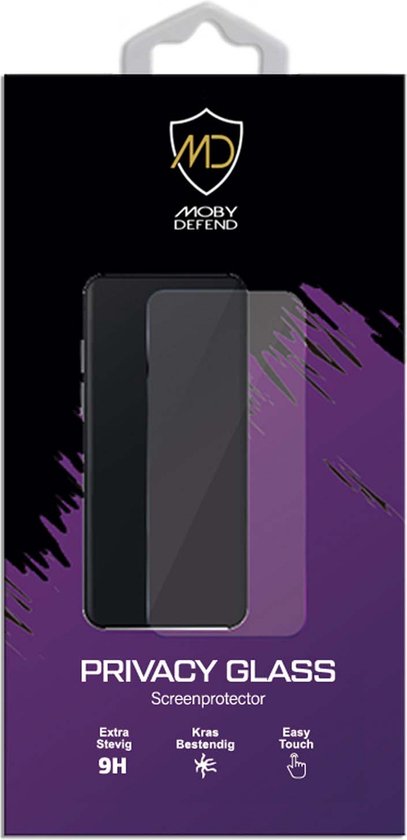 Verpakking MobyDefend privacy glass screenprotector, met "Extra Stevig 9H" en "Kras Bestendig".