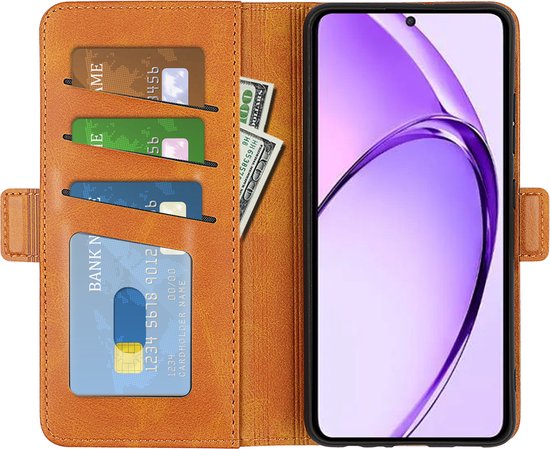 Bruine wallet case met pasjes en briefgeld, en een telefoon erin geplaatst. Vakjes voor pasjes en geld zichtbaar.