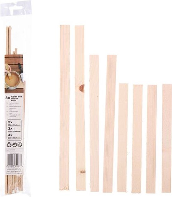 Houten verfroerstokjes in verschillende maten, 8 stuks in verpakking.