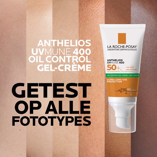 La Roche-Posay Anthelios UVMune 400 tube tegen een achtergrond van huidtinten. Getest op alle fototypes.