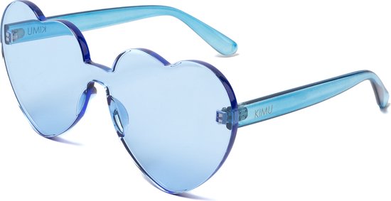 KIMU Hartjes Zonnebril Lichtblauw Groot - Lichtblauwe Glazen - Grote Zonnebril Transparant Montuurloos Hippie Influencer Vintage Blauw Love Pride Festival