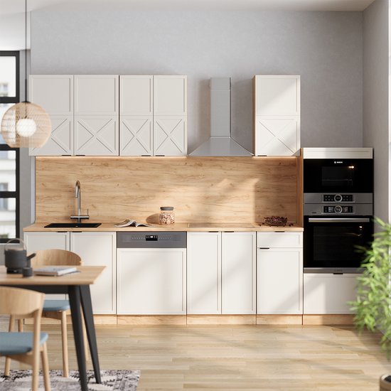 Vicco Fame- Line Meuble de cuisine complet – 300 cm avec meuble haut, WB Chêne Grijs/ beige / chêne doré avec meuble haut, WB Chêne