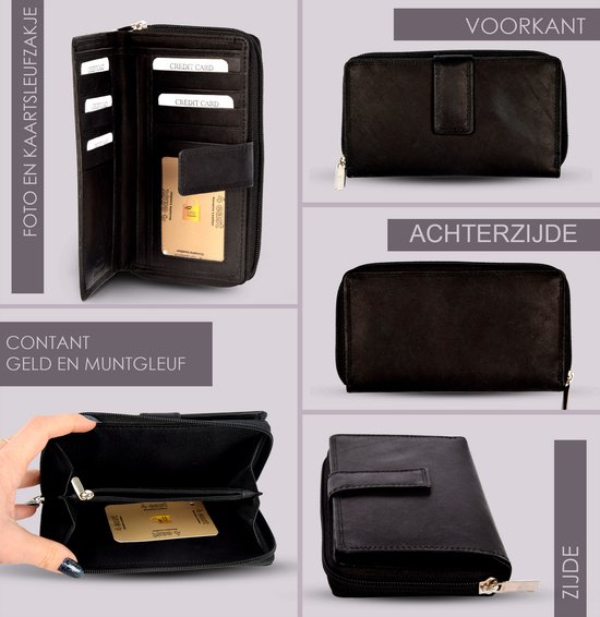 Collage van een zwarte portemonnee van echt leer: voorkant, achterkant, zijkant, open met kaarten, contant geld en muntvak.