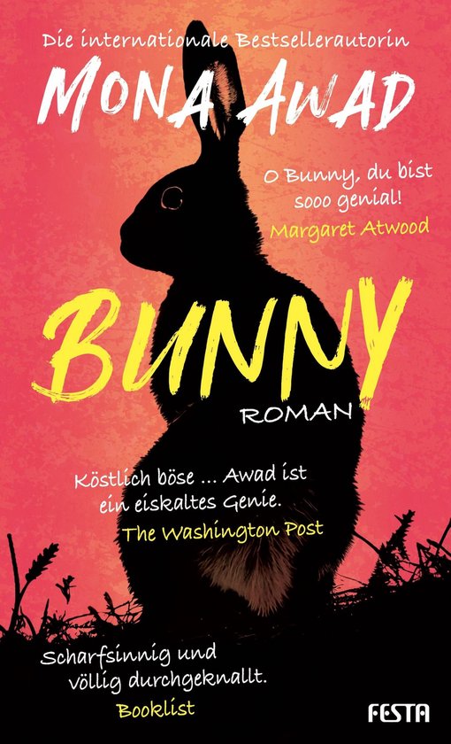 Boekcover "Bunny" van Mona Awad. Een zwarte konijnenkop silhouet tegen een oranje achtergrond. Tekst: "BUNNY ROMAN".