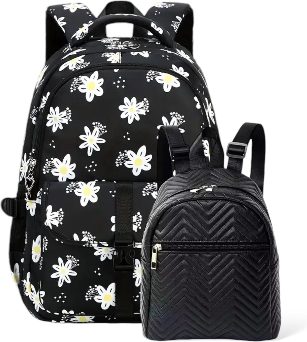 Ultiluxe® Schooltas en rugzak met bloemenprint - Zwart/wit - 2-delige tassen set voor meiden - Schoolrugzak, 15.6 inch laptoptas, kleine rugtas - Waterbestendig - Tieners en kinderen - Bloemetjes wit - 29L en 3L