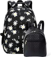 Ultiluxe® Cartable et sac à dos imprimé floral - Zwart - Ensemble cartable 2 pièces fille - Sac à dos scolaire, sacoche ordinateur 15,6 pouces, petit sac à dos - Résistant à l'eau - Ados et enfants - Fleurs blanches - 29L et 3L