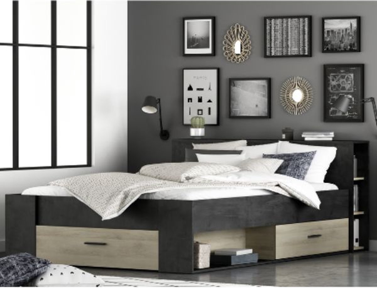 Bed Polly 140 X 190 Cm-Sidewalk Zwart/Kronberg Eik - CBA - Tweepersoons Bedkader - Bruin; Zwart - Melamine; Spaanplaat Tweepersoons Normaal Bed