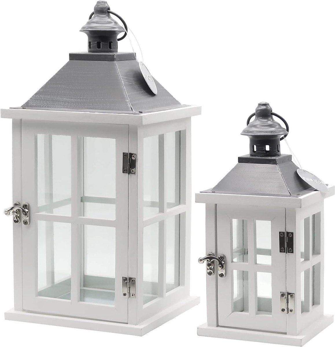 Lantaarn 27cm+42cm Houten Wit Tuinlantaarn - Glazen Venster Handvat Windlicht Kaars Lamp Lampion