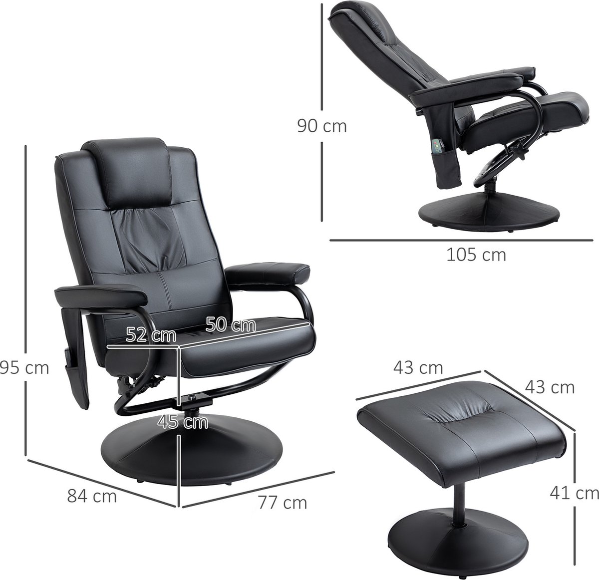 Afbeelding 2 van HOMCOM Massagestoel met Voetenbank Zwart 10 Vibratiemodi