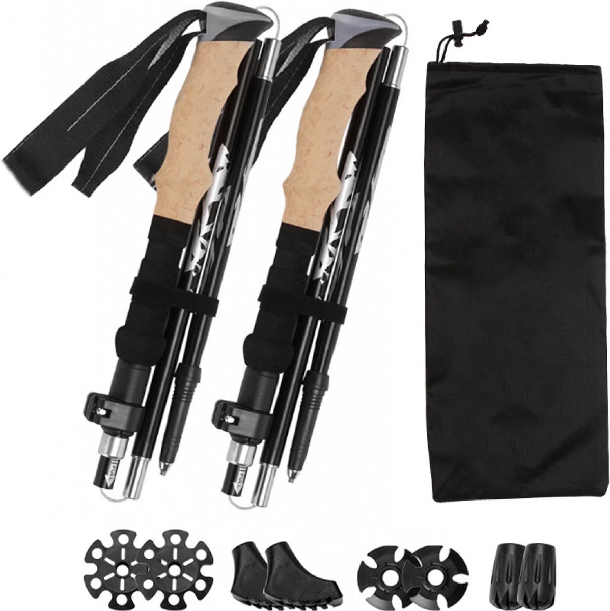 Nordic Walking Stokken - Trekkingstokken - Pro Nordic Walking - Complete Set - Wandelstokken - Verstelbaar - met tas/toebehoren - Hiking - Anti-Schock Functie - Ultralichte - Lichtgewicht & Compact - kurken handvat - voor trekking