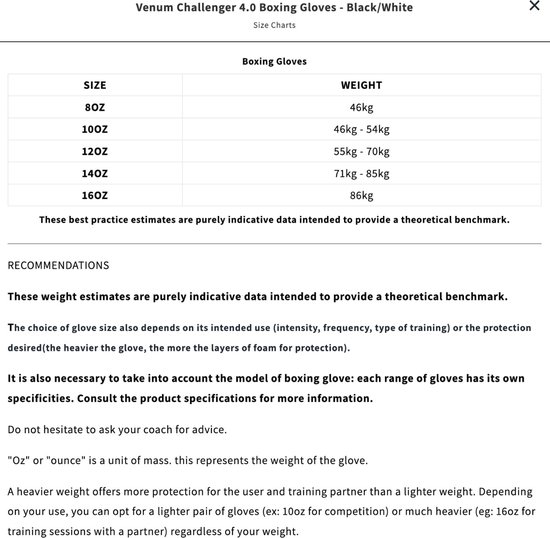 Maattabel voor Venum bokshandschoenen met gewichtsindicaties in OZ en kilogram.