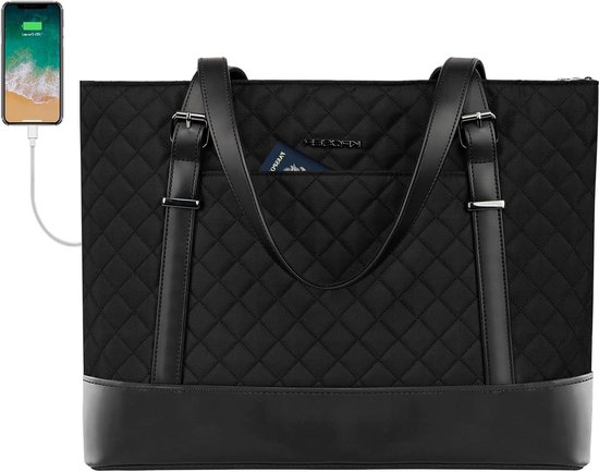KROSER Laptop Tote tas 15,6 Inch Grote Schoudertas Lichtgewicht met USB-oplaadpoort Waterafstotende Nylon Computer Tote Tas voor Vrouwen, M, Modern design