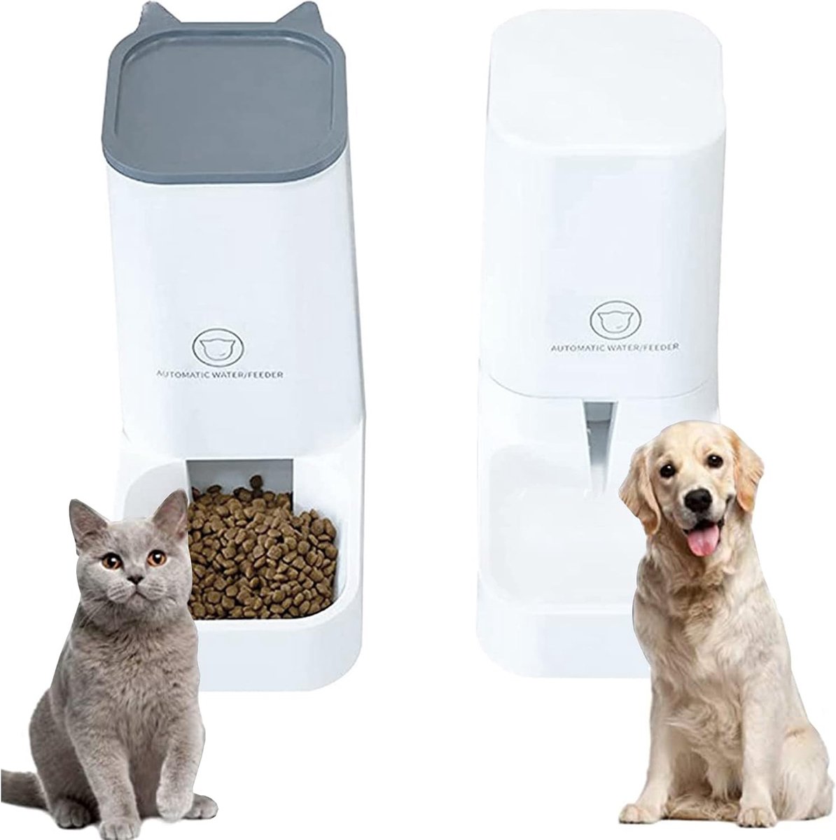 IBBO® - Huisdierenvoeder - Voedseldispenser - Droog Voedsel - Automatische Waterdispenser - Voer voor Honden/Katten - Hond - Kat - 2 stuks - BPA-vrij - Wit - (MET Dierenborstel handschoen GRATIS )