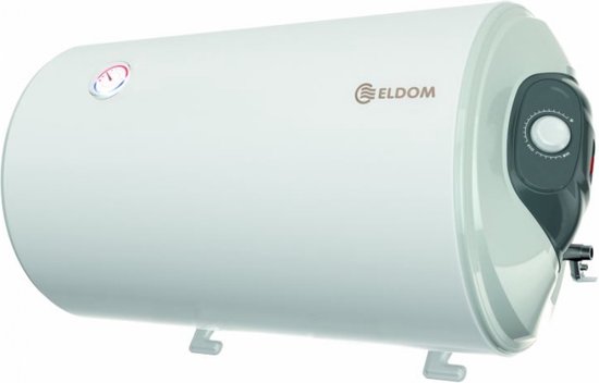 Witte Eldom boiler met een ronde vorm. Met een thermostaatknop en een grijs bedieningspaneel.