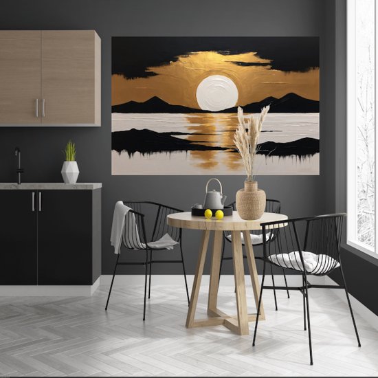 Zonsondergang met zwart en goud glas schilderijen - Zonsondergang glasschilderij - Natuur - Woonkamer decoratie industrieel - Acrylglas - Muurdecoratie slaapkamer - Acrylglas 120x80 cm