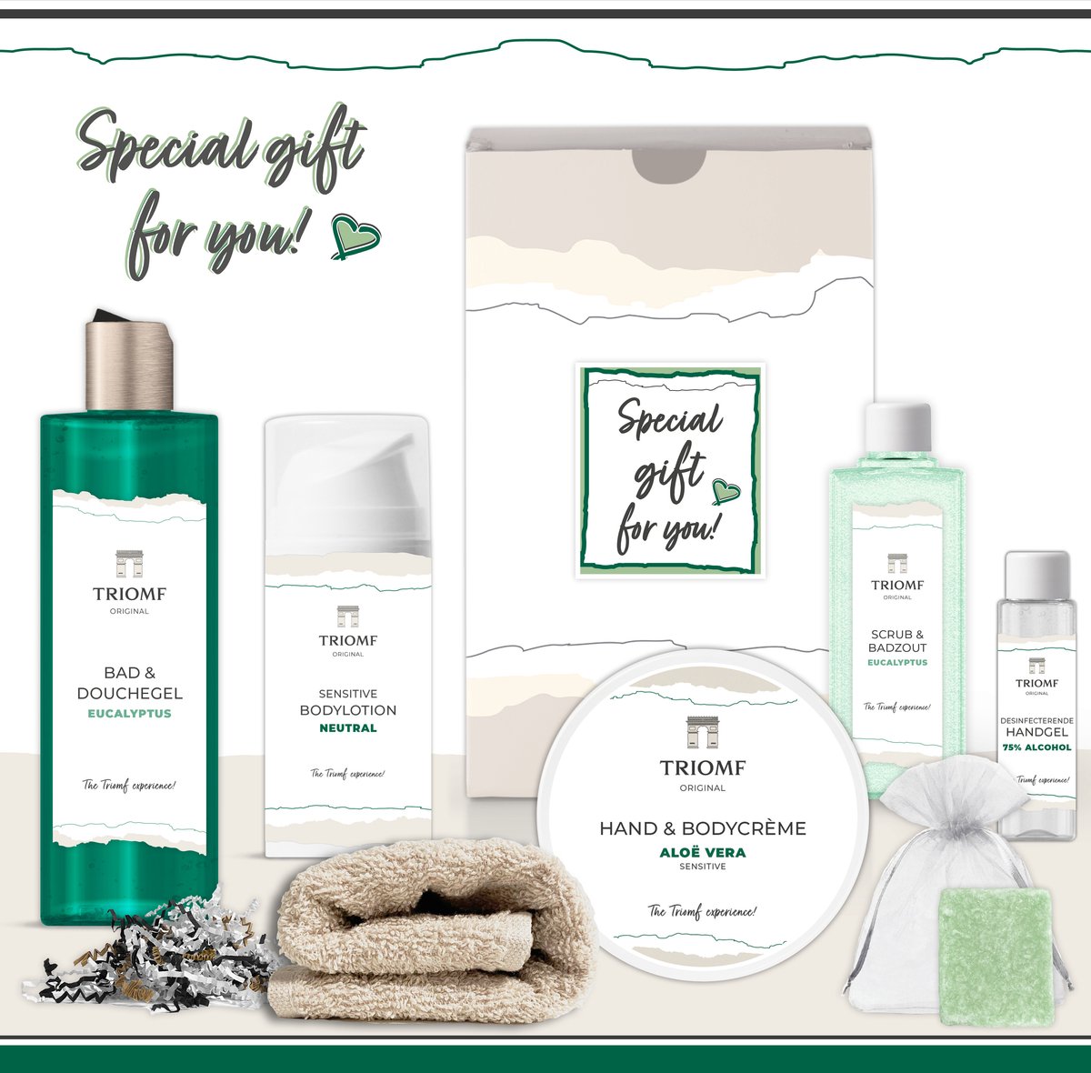 Goedkoopste Geschenkset “Special Gift for You!” - 7 producten - 850 gram | Triomf Original - Giftset voor haar - Cadeau Speciaal voor jou - Luxe wellness cadeaubox Douchegel Eucalyptus - Cadeaupakket Vrouw Geschenk - Gift Set Verjaardag - Kerst - Pakket - Groen