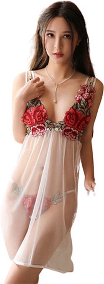 Goedkoopste Transparantje Rozen Slaapjurk met String | Witte Lingerie met Bloemen en Slipje | Nachtkleding erotisch | 2 in 1 | Nachtjapon String | One Size