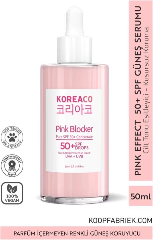 Foto: Koreaco pink blocker blocker roze vegan spf 50 tone equalizer 50 ml zonneserum met hoge uvb uva bescherming alle huidtypes 