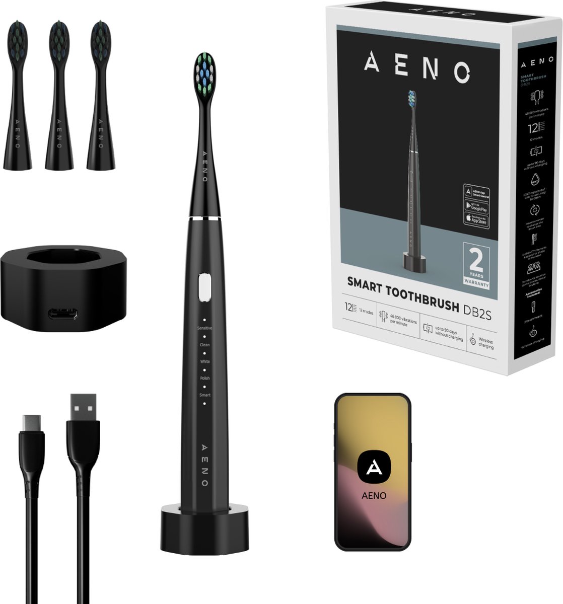 AENO DB2S - Sonische Smart Tandenborstel - 12 Standen - Smart APP - Zwart