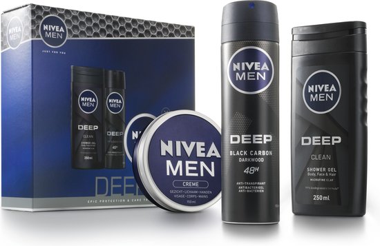NIVEA MEN Deep Geschenkset - Giftset met Douchegel, Deodorant en Crème - Cadeauset Verjaardag - Geschenkdoos - Cadeaubox - Kerstkado