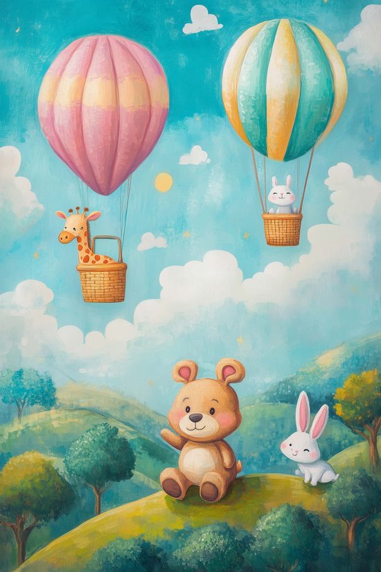 Ours Poster | Montgolfières Poster | Affiche d'animaux | Affiche mignonne | Affiche Aventure | Affiche colorée | Affiche de pépinière | Affiche pour enfants | 50x70cm | Décoration murale | Affiche murale | S4070 | Convient pour l'encadrement