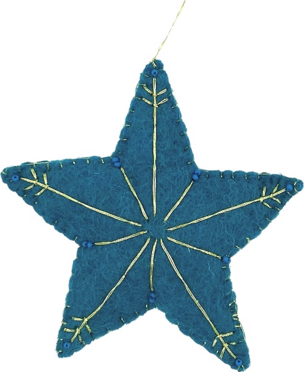 Luna-Leena duurzame ster hanger - blauw en goud draad - vilt wol - handgemaakt in Nepal - petrol - star hanger - kersthanger - kerstster - kerstcadeau - kerstboom hanger - cadeau - kado - kerst gift - kerstfeest - kersdecoratie