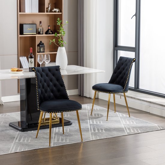 WAFTING Set van 6 gestoffeerde eetkamerstoelen, hoge rugleuning van stof en zwart gelakte