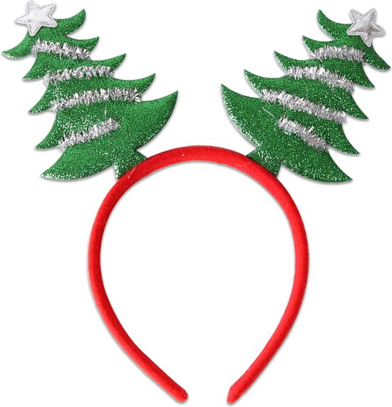 Rode diadeem met twee groene kerstbomen versierd met zilveren glitter en sterretjes.
