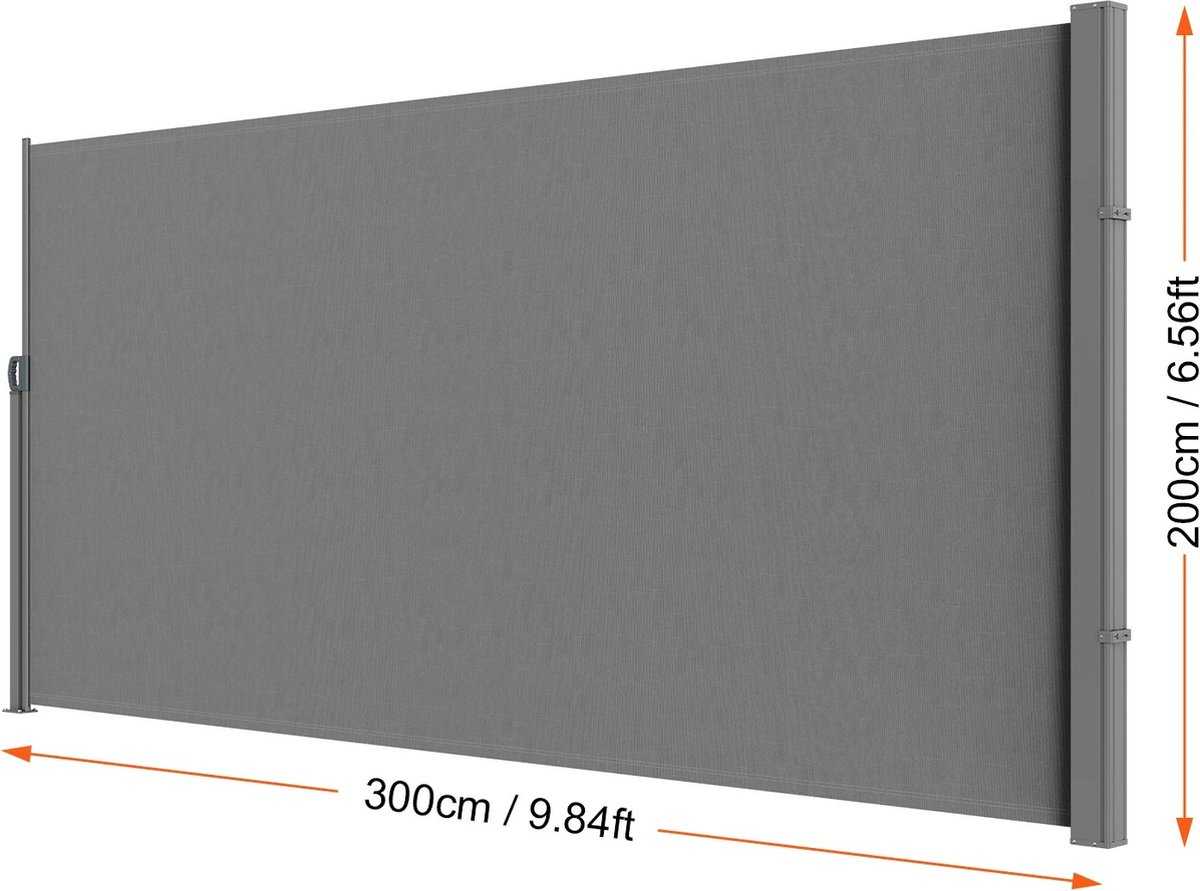Mygroot - Uittrekbaar windscherm 200 x300 cm - Waterdicht - Zijscherm voor tuin - Uittrekbaar scherm met zijschermen - Uittrekbaar tuinscherm windscherm oprolbaar - Grijs - Uv30.