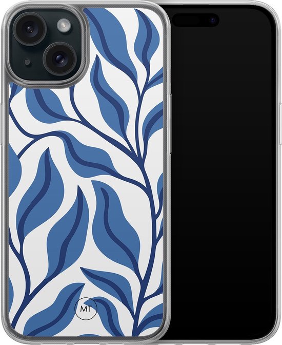 Coque hybride adaptée à iPhone 14 - Feuilles Blue - Protection Extra - Coque de protection de Luxe - Coque en TPU - Transparente, Blauw - Belles Housses de téléphone