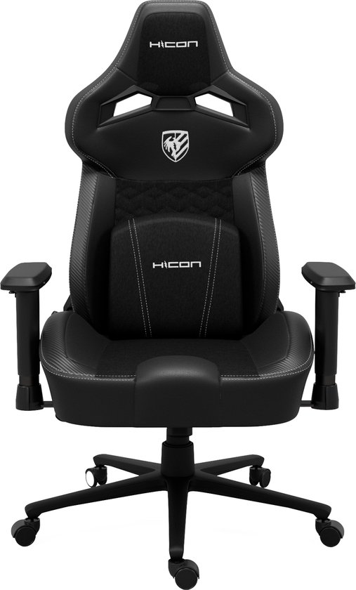 Frontale weergave van de zwarte Hicon gamestoel met logo en wit stiksel, op zwarte achtergrond.