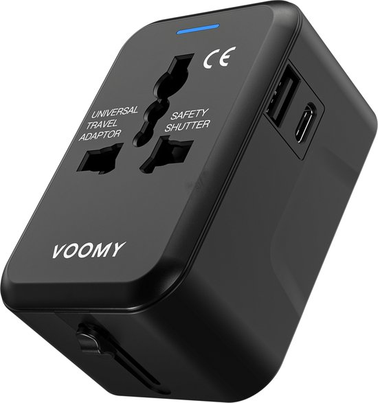 Voomy wereldstekker – 150+ landen – 2 USB poorten – zwart