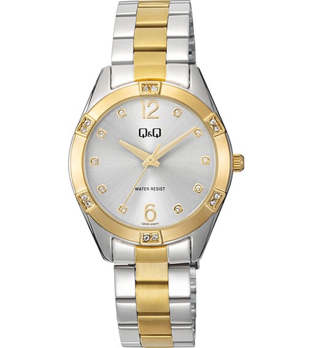 QQ Q83B-008PY - Horloge - Polshorloge - Analoog - Dames - Vrouwen - stalen band - Metaal - Overig - Cijfers - Stippen - Briljanten - Zilverkleurig - Goudkleurig