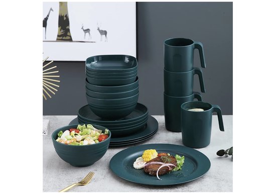 camping diner set van 20-stuks, onbreekbaar servies picknick diner set, Onbreekbaar en Herbruikbaar Lichtgewicht Platen Mokken Bowls Geschillen Gemakkelijk te dragen en schoon Magnetron Veilige BPA Gratis Service Voor 4 Vaatwasser Veilig (Donkergroen van Camp — afbeelding 2